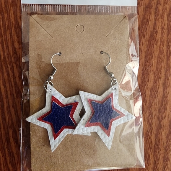 Red, White, and Blue Faux Leather Star-Shaped Dangle Fishhook Earrings - Picture 5 of 5